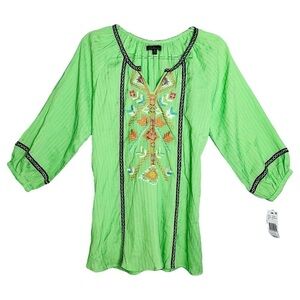 NWT Calessa Women's Lime Green Embroidered V-Neck Rayon‎ Tunic Size Large